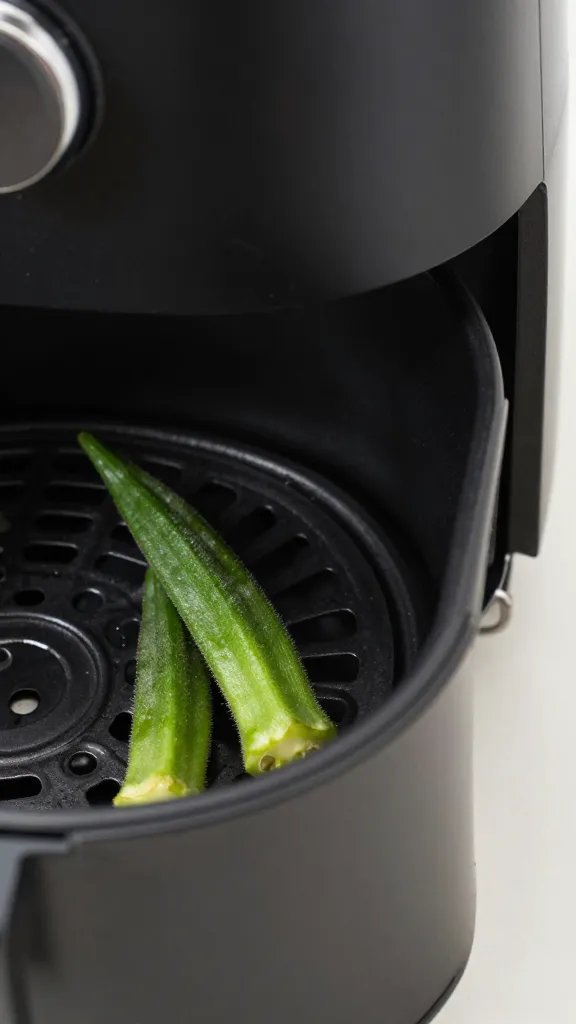 air fryer basket corner with one crisp okra pod