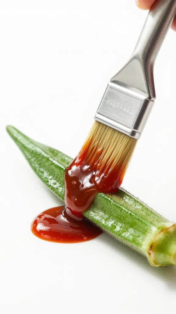 brush applying keto gochujang glaze to one okra pod