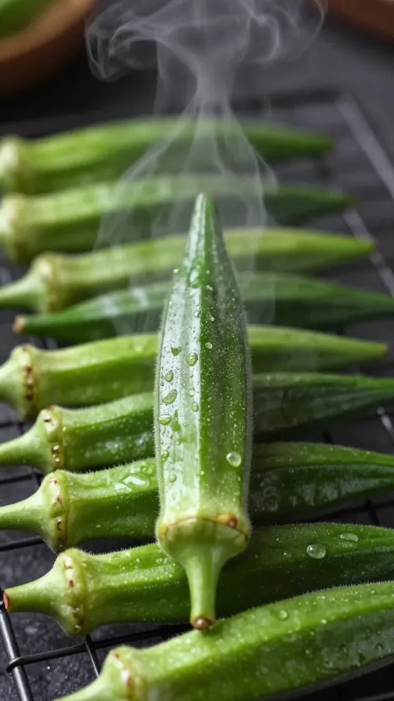 single okra pod on wire rack, steam-free, high contrast