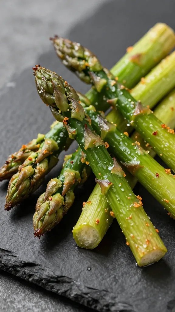 closeup of air-fried asparagus spear on black slate