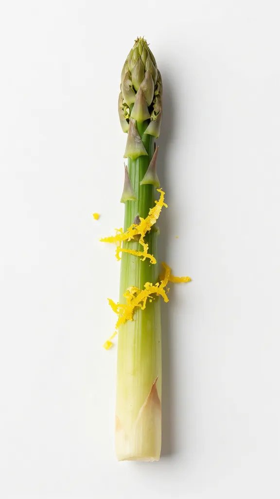 single thin asparagus spear with lemon zest garnish