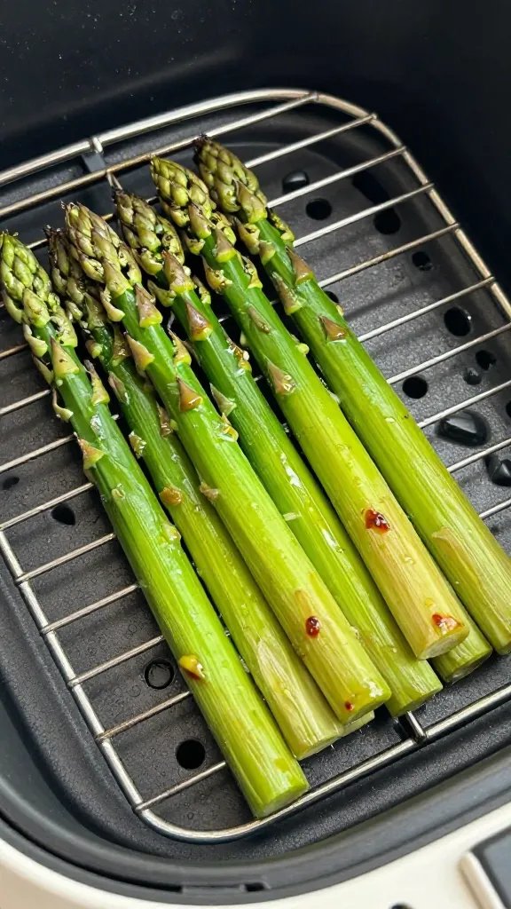 olive-oil brushed asparagus spear on wire air-fryer tray