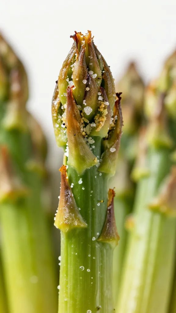 macro of salt-dusted asparagus tip, crisped edges