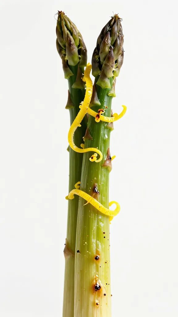 lemon zest curls atop a charred asparagus spear
