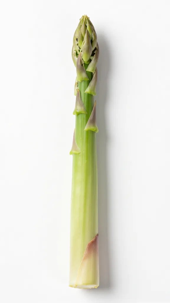 single raw asparagus spear showing trimmed woody end