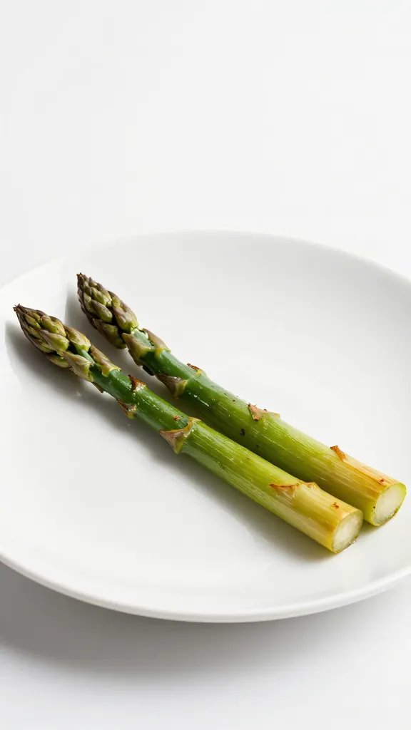 roasted asparagus spear on white ceramic plate, minimalist backdrop