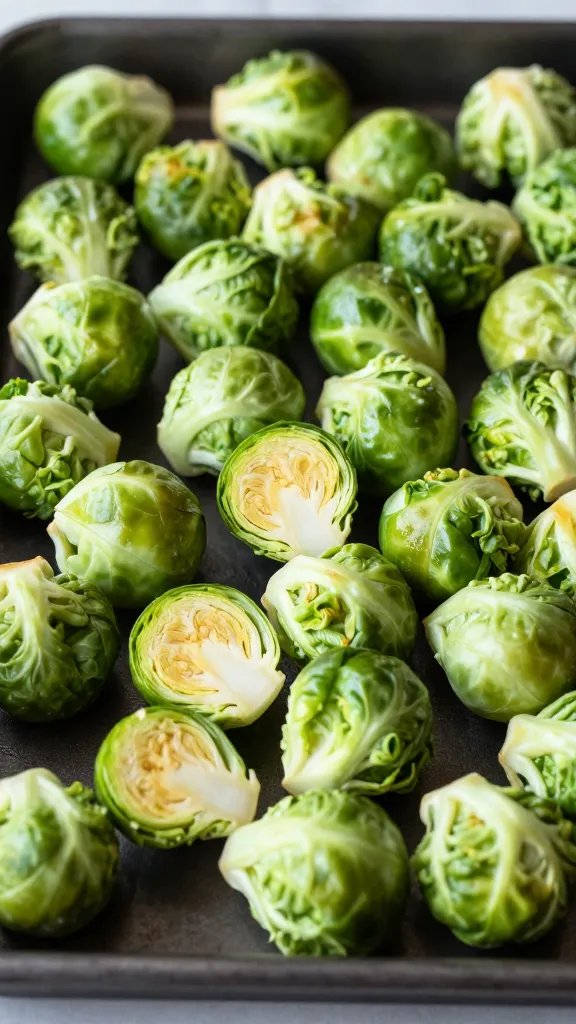halved Brussels sprout, crisp edges, on dark sheet pan