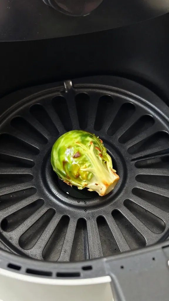 closeup air fryer basket with single browned Brussels sprout