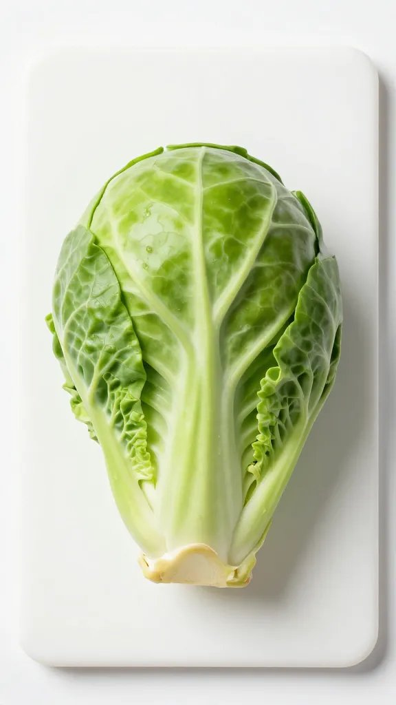 single trimmed Brussels sprout, tight leaves, on white board