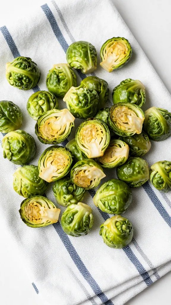 pat-dried halved Brussels sprout on striped dish towel