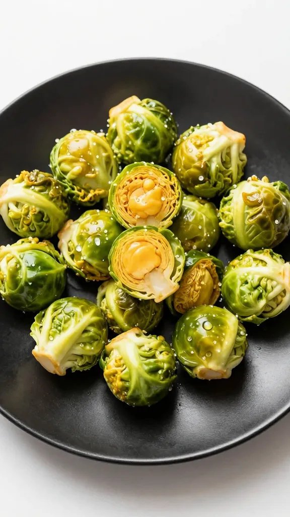 golden keto Brussels sprout on matte black plate