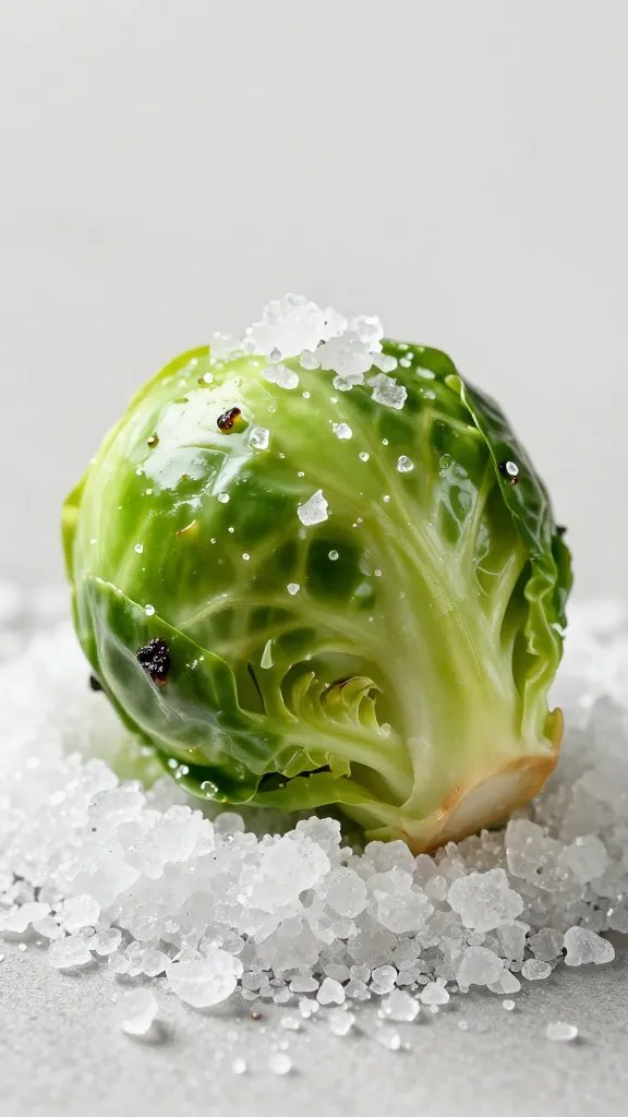 coarse salt on a single charred Brussels sprout