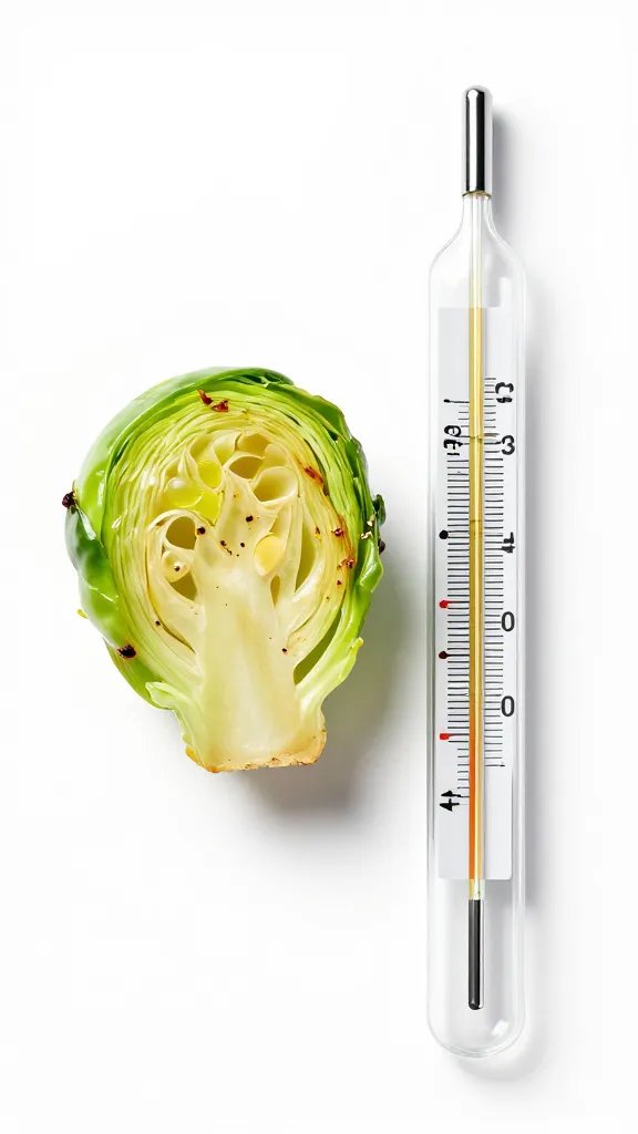 thermometer probe beside one roasted Brussels sprout half
