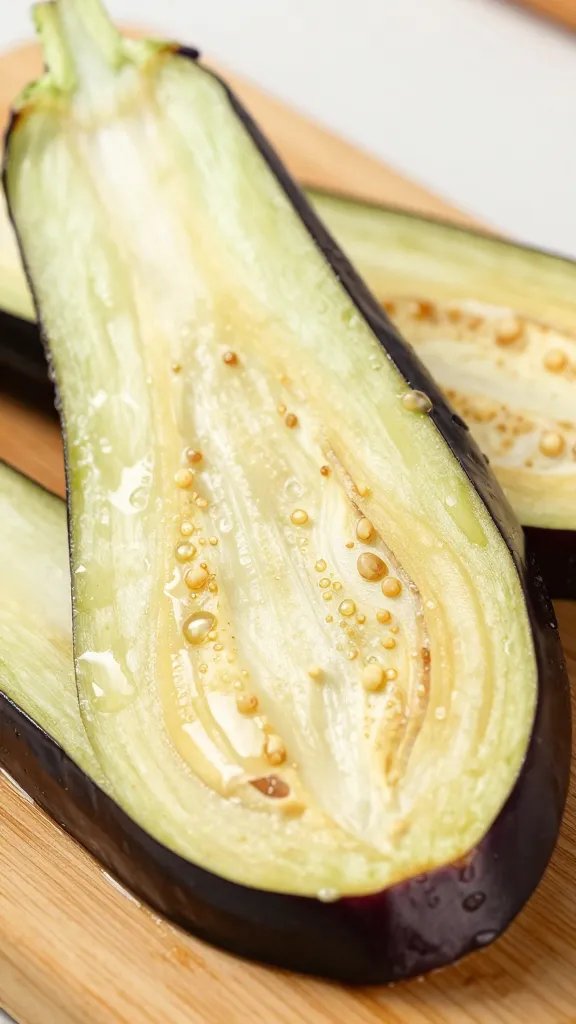 Closeup of salted eggplant slice beading moisture on board
