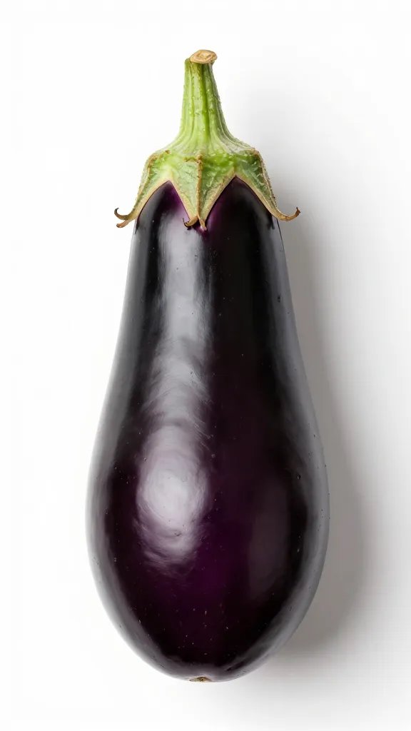 Single medium eggplant with glossy skin and green springy cap