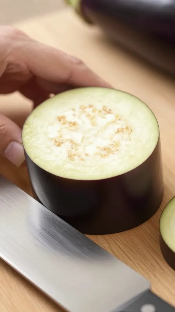 Cross-section of 1/2-inch eggplant round on chef’s knife