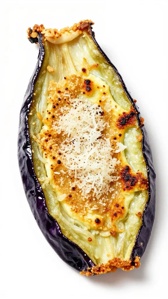 Single air-fried eggplant slice with blistered Parmesan crust