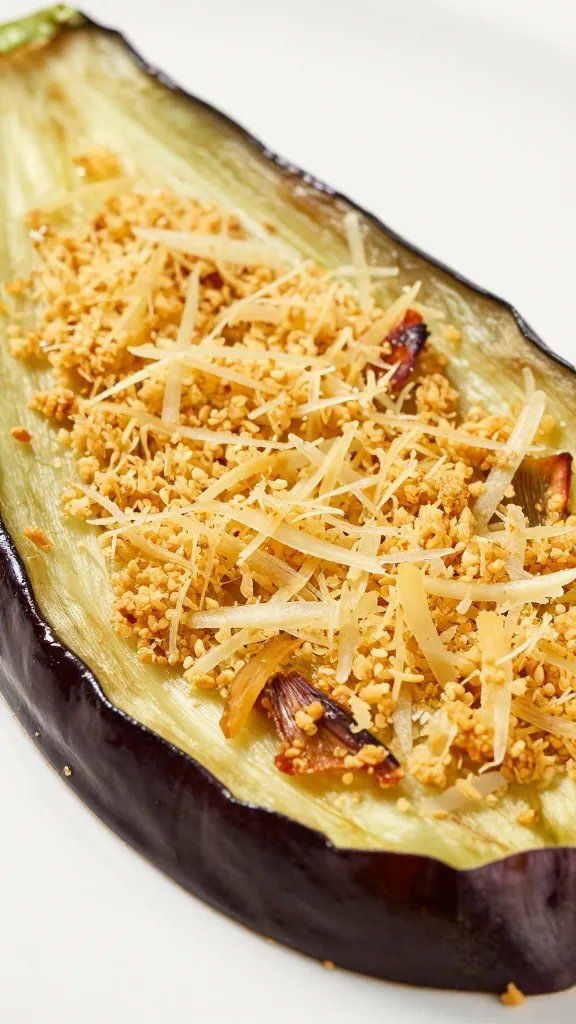 Golden Parmesan crust cracking on one eggplant slice, macro