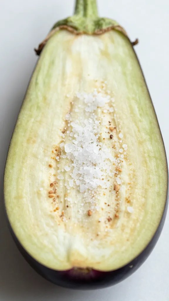 Eggplant slice sprinkled with kosher salt crystals, tight shot