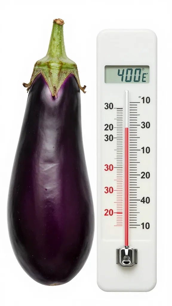 Thermometer display set to 400°F beside one eggplant slice