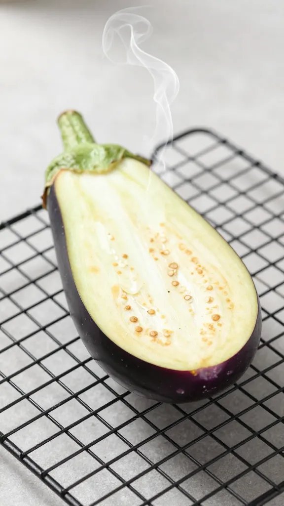 Single eggplant slice on cooling rack, steam wisp rising