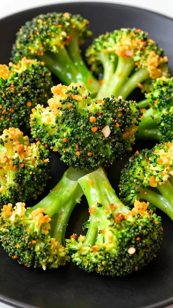 closeup of crispy air-fried broccoli floret on black plate