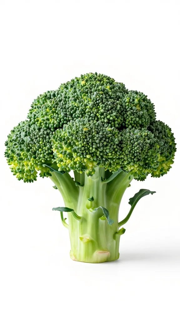 single broccoli head with tight deep-green buds, studio light