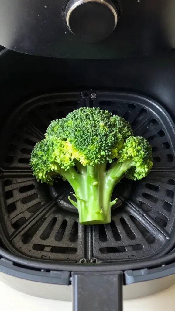 air fryer basket with one coated broccoli floret centered