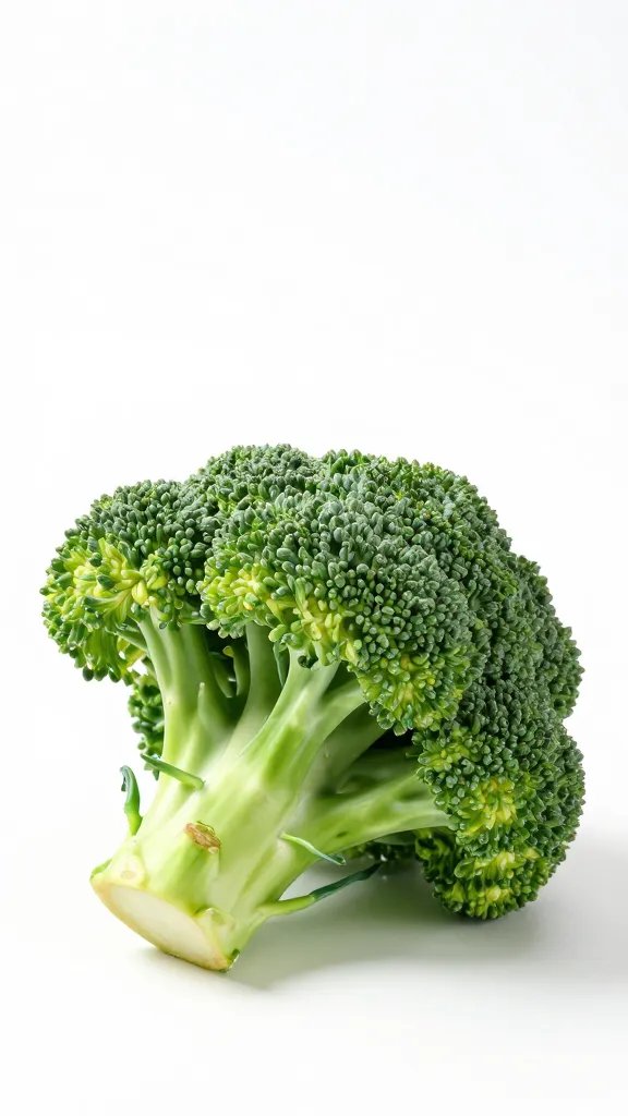raw broccoli head with firm pale stem, white backdrop