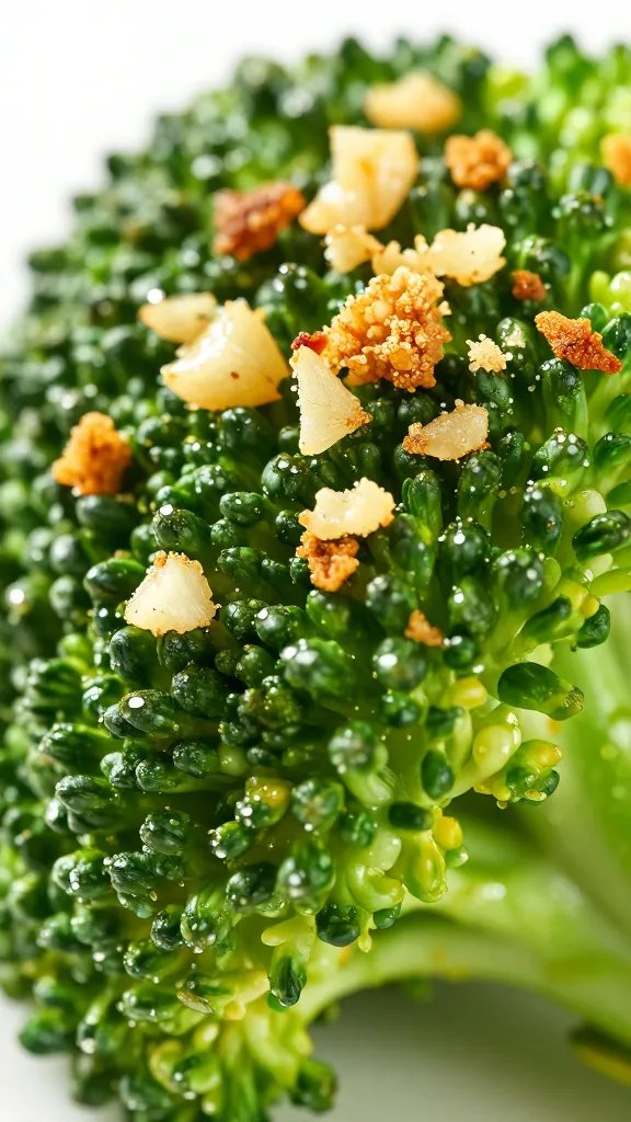 browned garlic crust on broccoli crown, extreme closeup