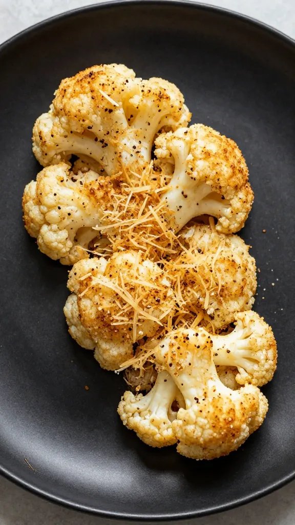 Golden Parmesan-crusted cauliflower steak on matte black plate