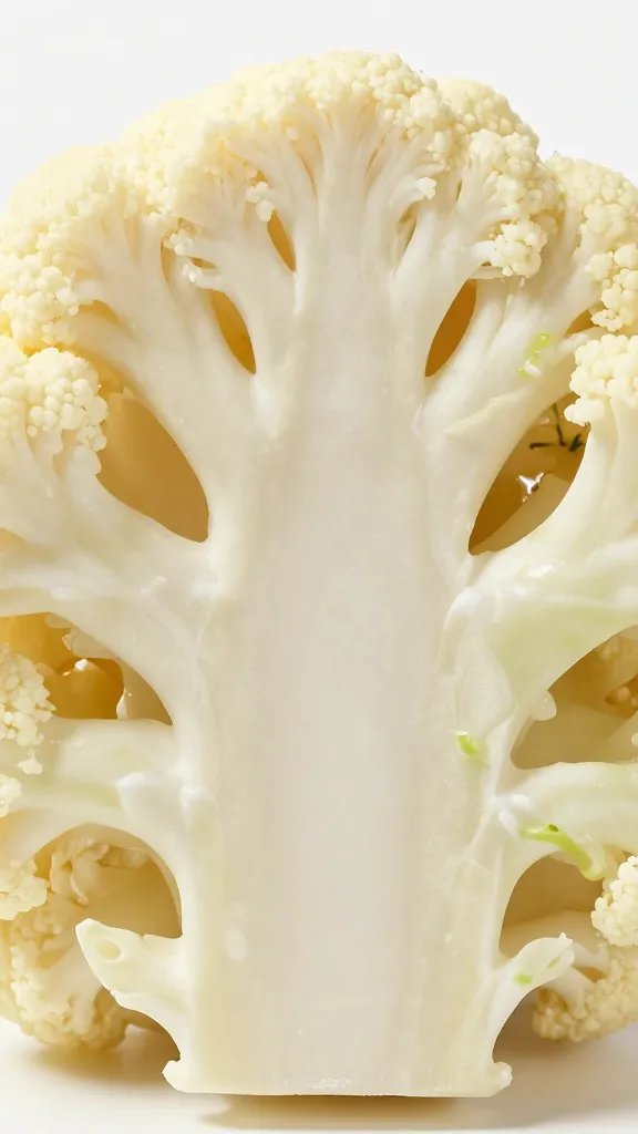 Closeup of 1-inch cauliflower steak cross-section, juicy center