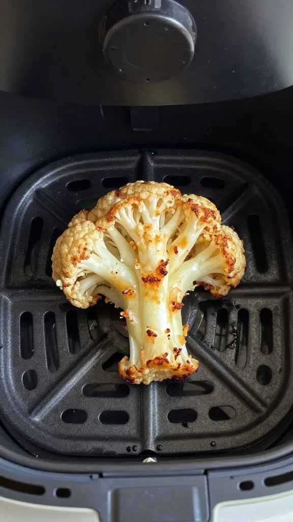 Air fryer basket with single browned cauliflower steak