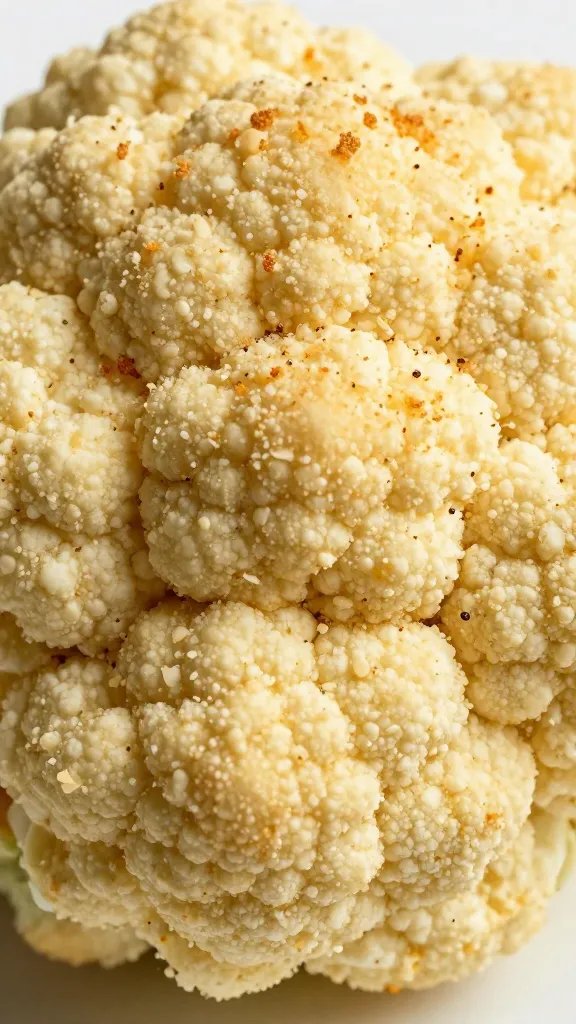 Cauliflower “nugget” piece, crispy Parmesan shell closeup