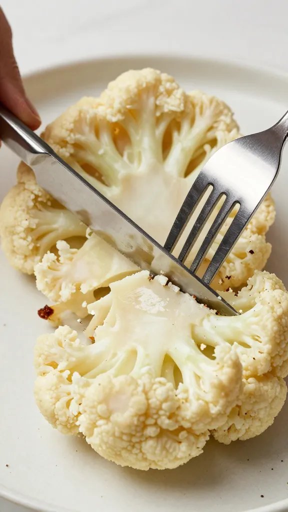 Knife-and-fork cutting through crusted cauliflower steak
