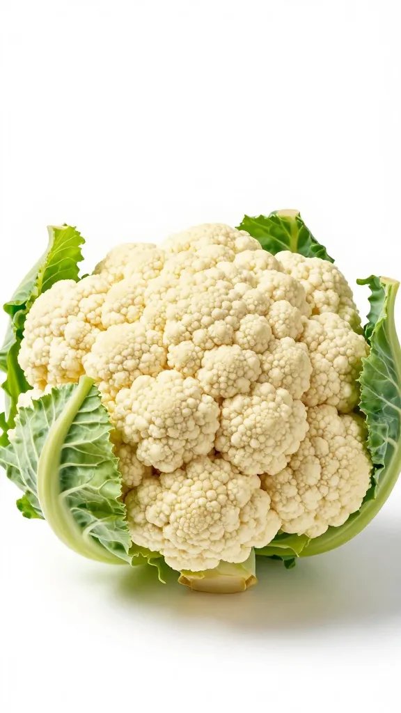 Tight, heavy cauliflower head, trimmed leaves, studio lighting