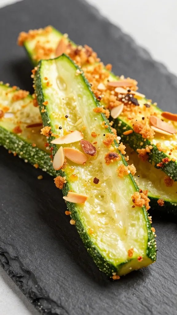closeup air-fried zucchini tender with almond crust on slate