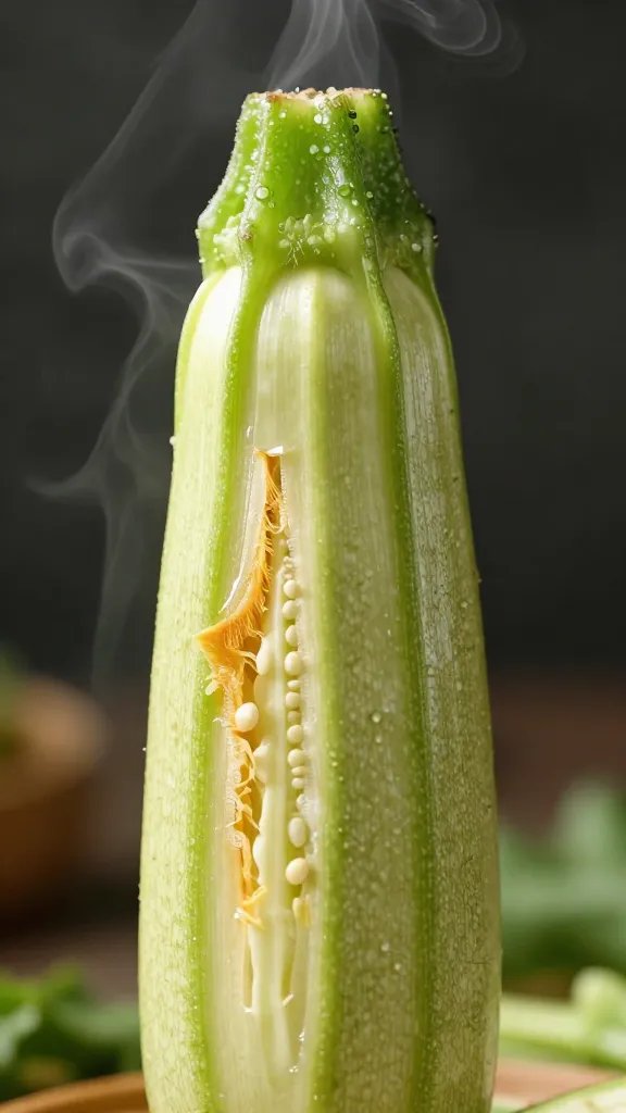 single zucchini tender snapped open, steam visible, macro
