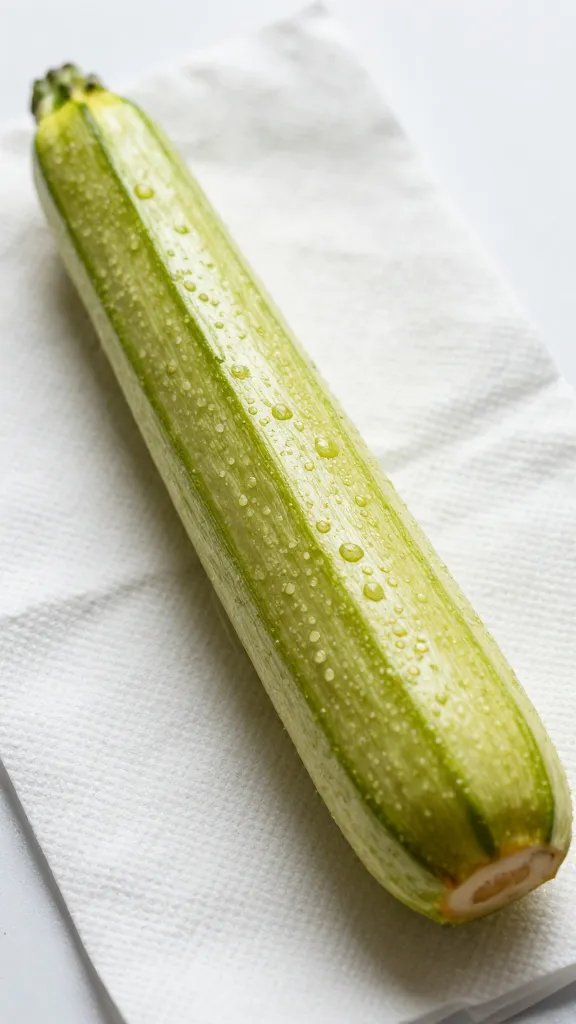 salted zucchini stick on paper towel, moisture beads closeup