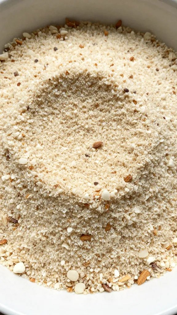 almond flour breading in shallow bowl, textured closeup