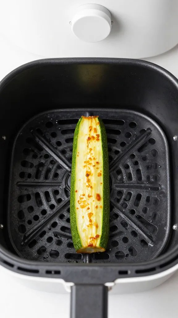 air fryer basket with one crispy zucchini tender centered