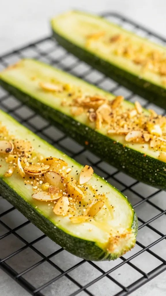 golden almond-crusted zucchini on cooling rack, tight crop