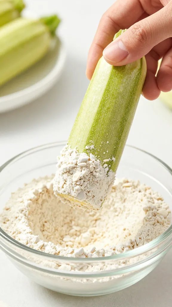 hand dipping single zucchini stick into almond flour, closeup