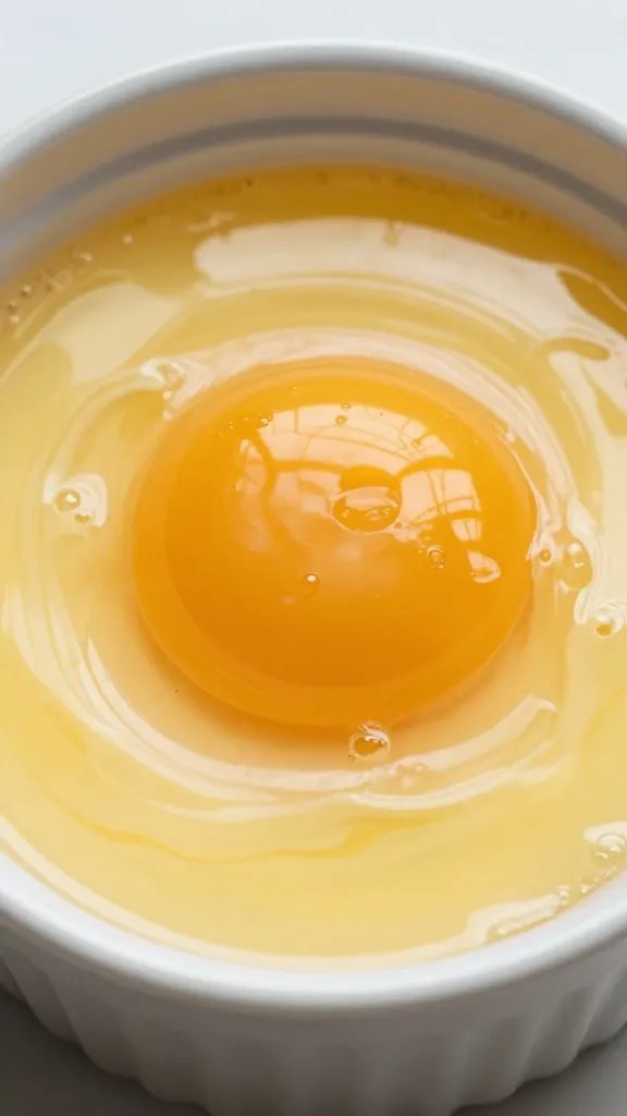 glossy beaten egg wash in ramekin, single yolk swirl closeup
