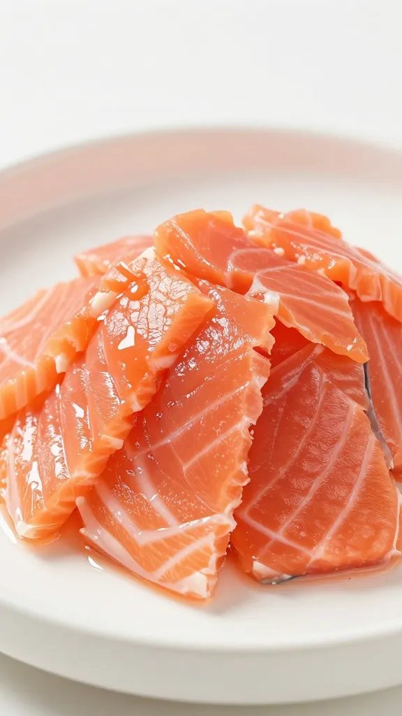 closeup of flaked salmon mound on white dish