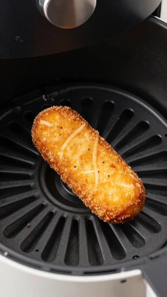 closeup of air fryer basket with single croquette resting
