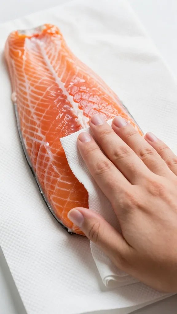 closeup of patting dry salmon fillet with paper towels