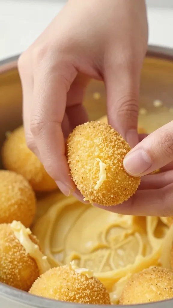 closeup of chilled croquette mixture being shaped by hand