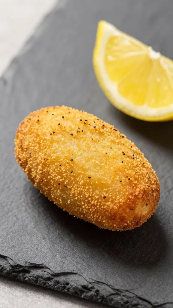 closeup of single croquette on slate board with lemon wedge