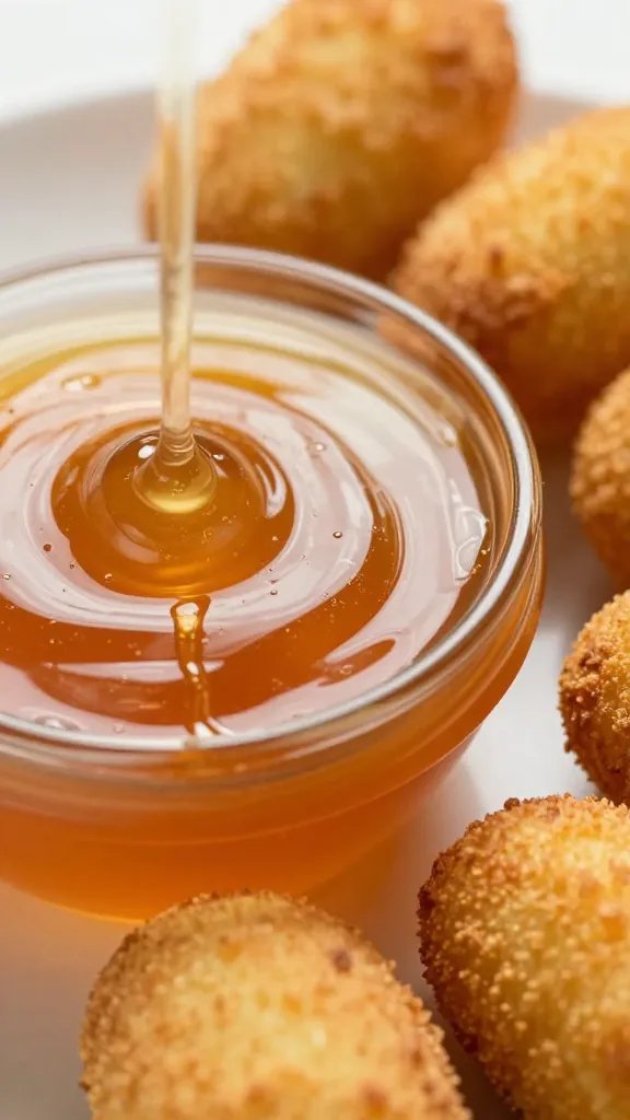closeup of glossy honey-mournaise dip with croquette nearby